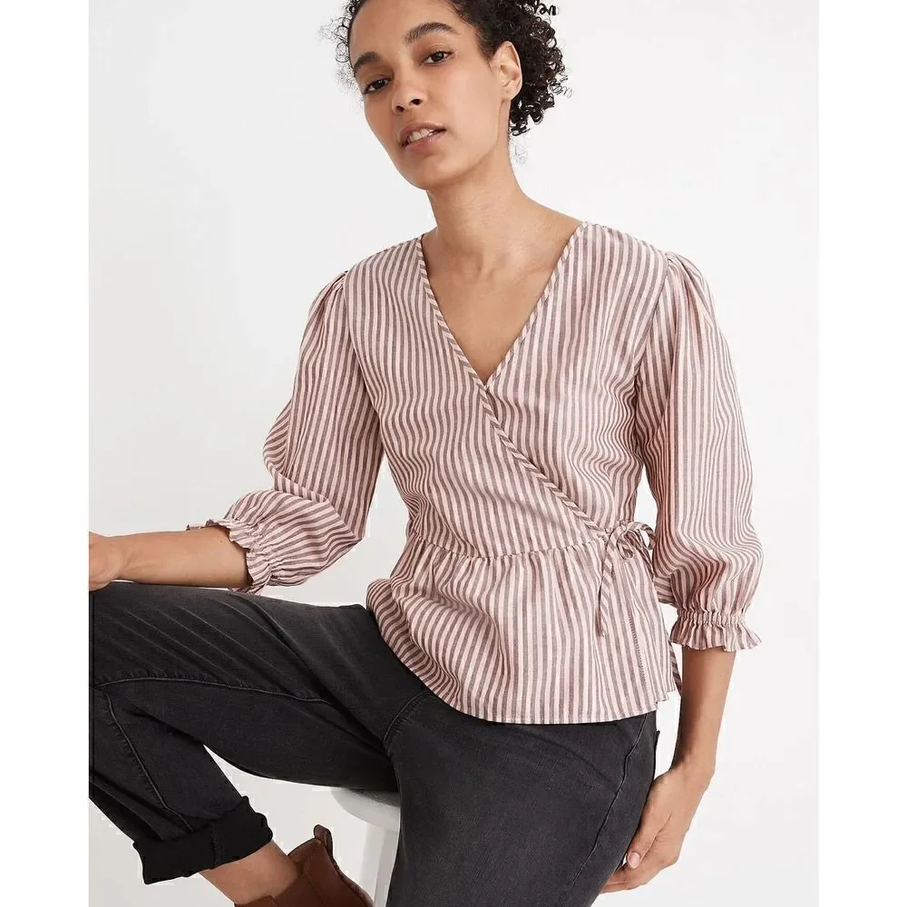 MADEWELL Puff-Sleeve Peplum Wrap Top in Stripe size XXS Retails $79